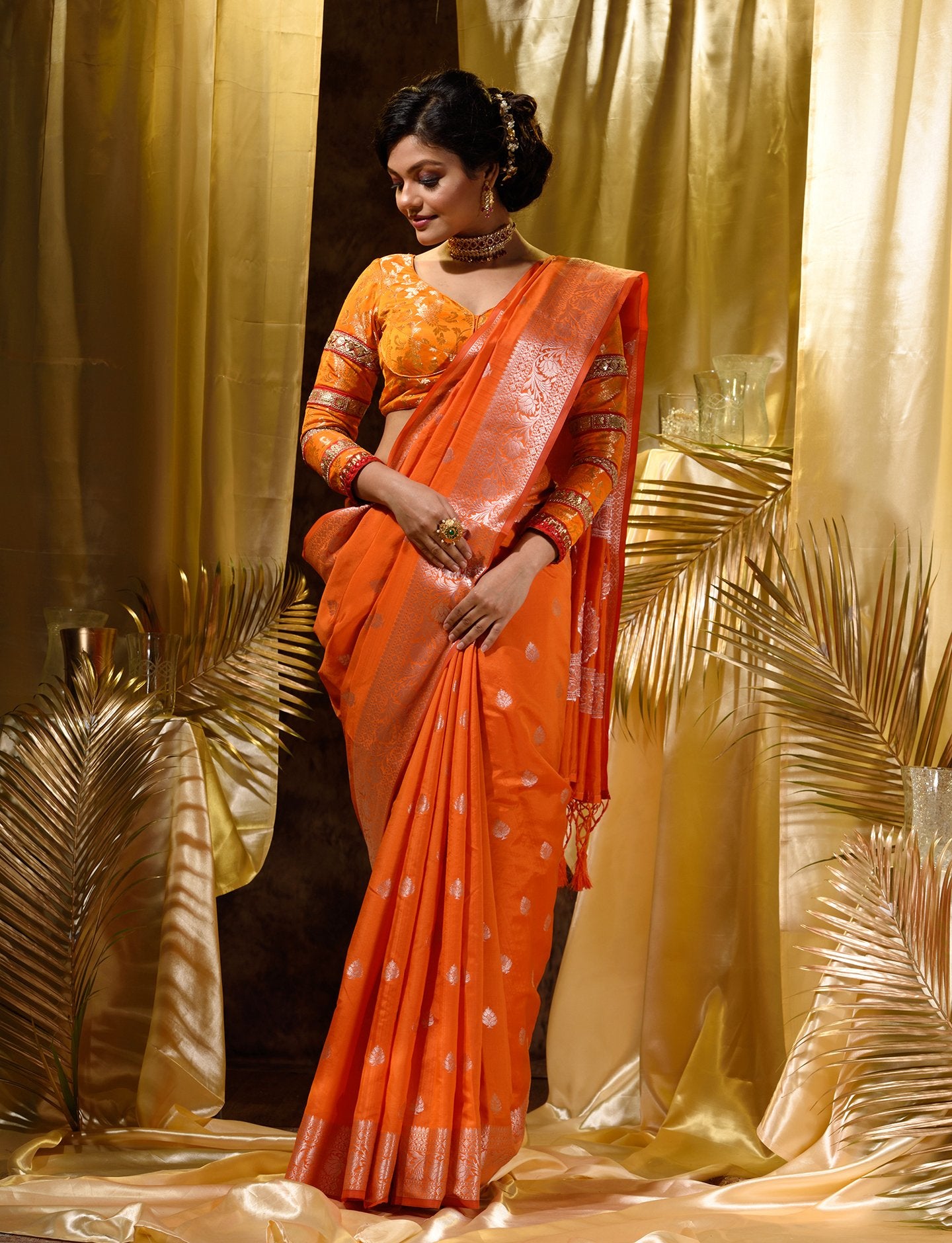 Orange yellow handloom & hand dyed leheriya saree with gold sequin bor