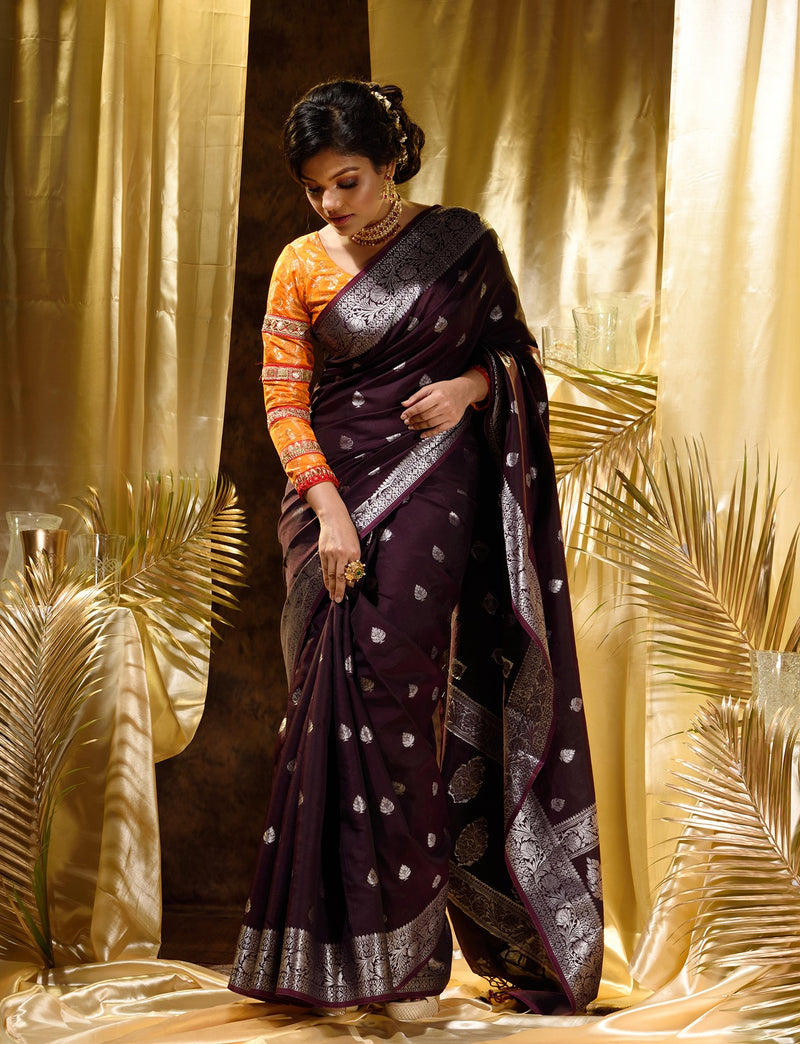 Purple With Silver Zari Woven Banarasi Silk Saree With Beautiful Jacquard Woven Zari Buti And Border