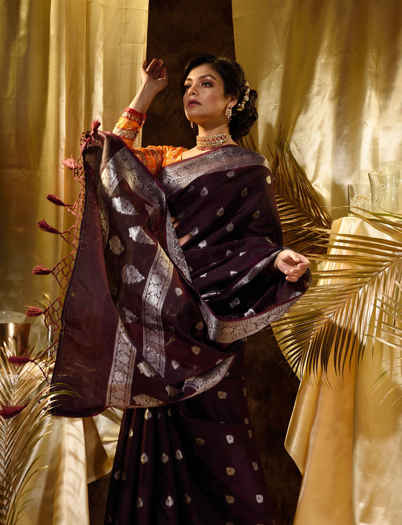 Purple With Silver Zari Woven Banarasi Silk Saree With Beautiful Jacquard Woven Zari Buti And Border