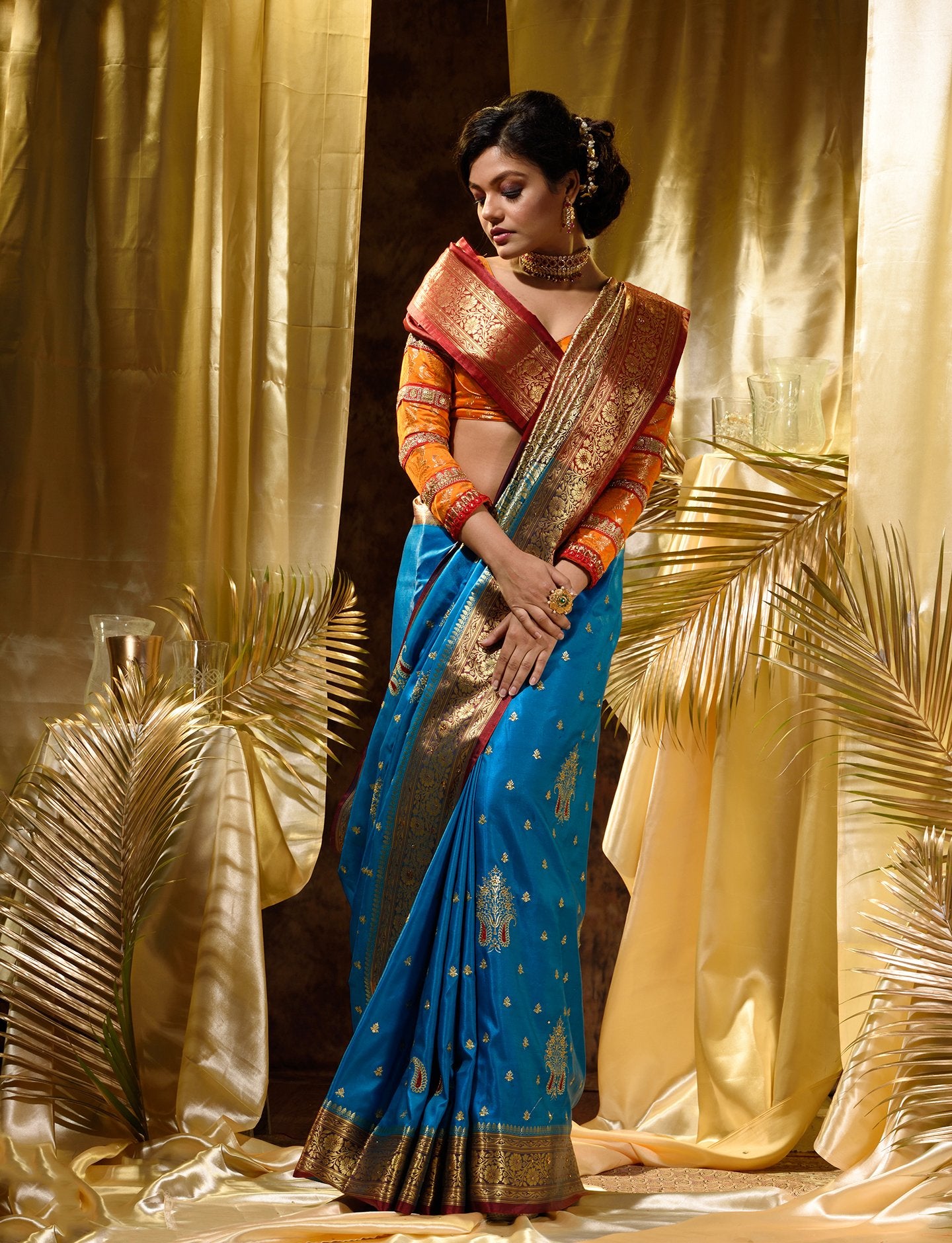 PEACH WITH FIROZI COMBINATION Banarasi Soft Silk Saree