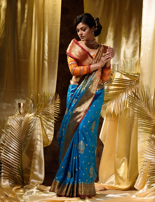 Firozi With Red Satin Silk Solid Banarasi Saree With Beautiful Embroidery And Stone Work In Body And Border