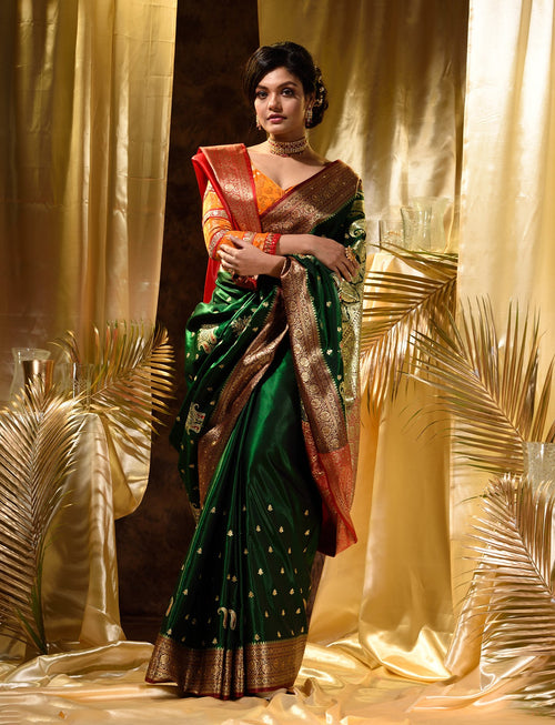 Green With Red Satin Silk Solid Banarasi Saree With Beautiful Embroidery And Stone Work In Body And Border