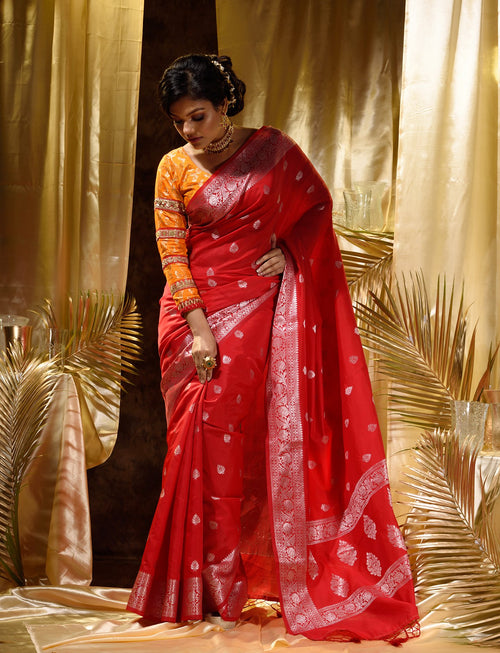 Red With Silver Zari Woven Banarasi Silk Saree With Beautiful Jacquard Woven Zari Buti And Border