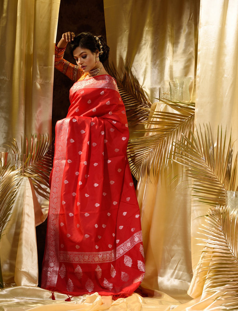Red With Silver Zari Woven Banarasi Silk Saree With Beautiful Jacquard Woven Zari Buti And Border