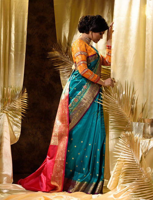Rama Green With Red Satin Silk Solid Banarasi Saree With Beautiful Embroidery And Stone Work In Body And Border