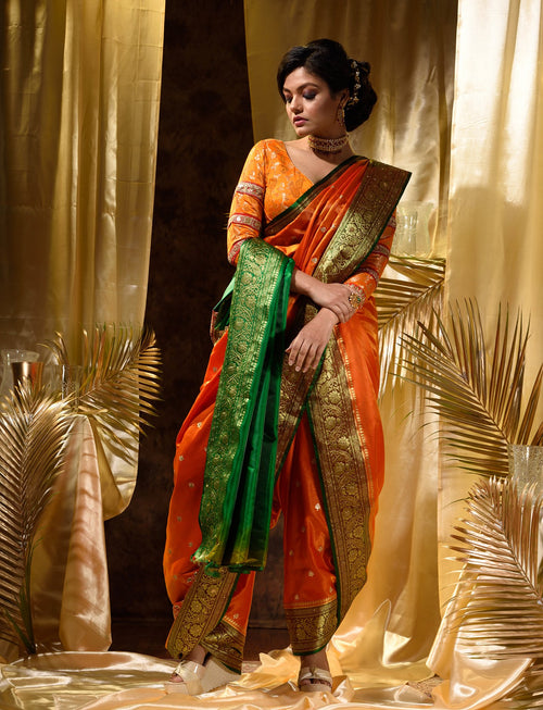 Orange With Green Satin Silk Solid Banarasi Saree With Beautiful Embroidery And Stone Work In Body And Border