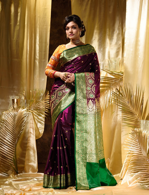 Purple With Green Satin Silk Solid Banarasi Saree With Beautiful Embroidery And Stone Work In Body And Border