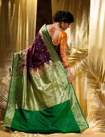 Purple With Green Satin Silk Solid Banarasi Saree With Beautiful Embroidery And Stone Work In Body And Border