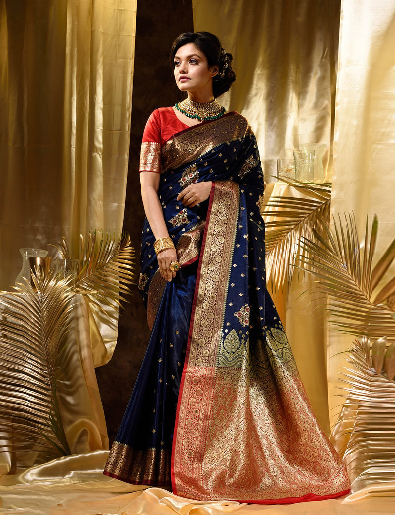 Navy Blue With Maroon Satin Silk Solid Banarasi Saree With Beautiful Embroidery And Stone Work In Body And Border