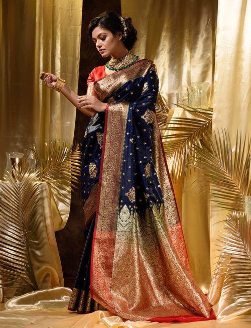 Navy Blue With Maroon Satin Silk Solid Banarasi Saree With Beautiful Embroidery And Stone Work In Body And Border