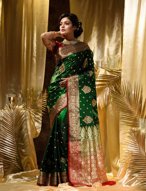 Green With Maroon Satin Silk Solid Banarasi Saree With Beautiful Embroidery And Stone Work In Body And Border