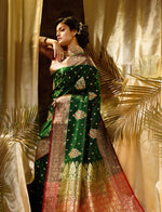 Green With Maroon Satin Silk Solid Banarasi Saree With Beautiful Embroidery And Stone Work In Body And Border