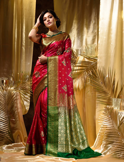 Pink With Green Satin Silk Solid Banarasi Saree With Beautiful Embroidery And Stone Work In Body And Border