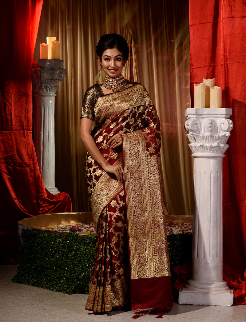 Handwoven Maroon With Gold Zari Katan Silk Banarasi Saree With Beautiful Traditional Jaal Pattern Body And Border