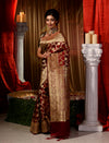 Handwoven Maroon With Gold Zari Katan Silk Banarasi Saree With Beautiful Traditional Jaal Pattern Body And Border