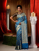 Handwoven Sky Blue With Gold Zari Katan Silk Banarasi Saree With Beautiful Traditional Jaal Pattern Body And Border