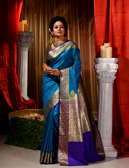 Firozi With Royal Blue Satin Silk Saree With All Over Floral Jacquard Weave and Stone Work Embellished