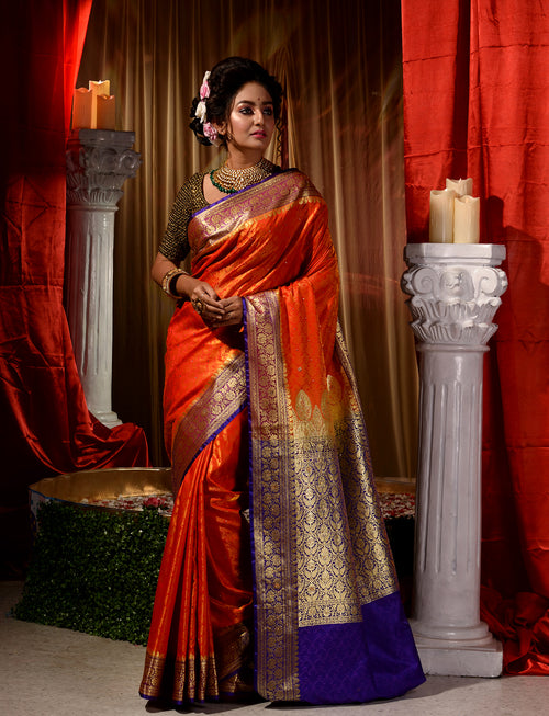 Orange With Navy Blue Satin Silk Saree With All Over Floral Jacquard Weave and Stone Work Embellished