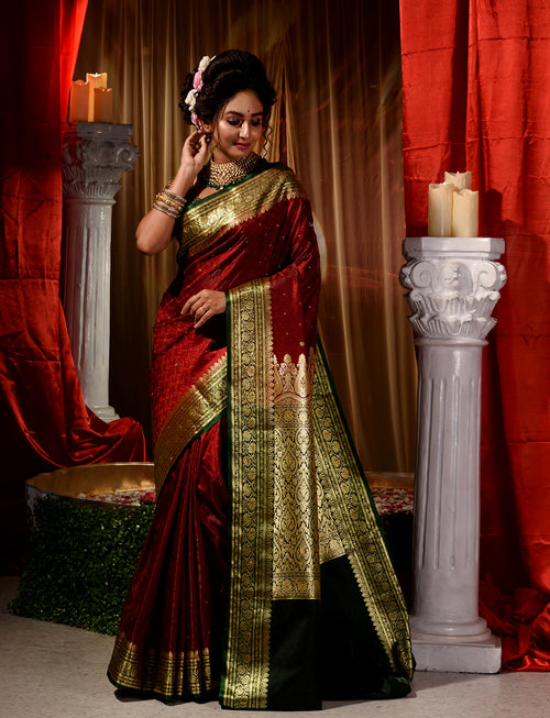 Maroon With Green Satin Silk Saree With All Over Floral Jacquard Weave and Stone Work Embellished