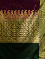 Wine With Green Satin Silk Saree With All Over Floral Jacquard Weave and Stone Work Embellished