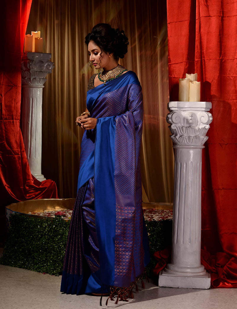 Blue with Copper Pattu Silk Saree with All Over Beautiful Floral Jacquard Weave Design