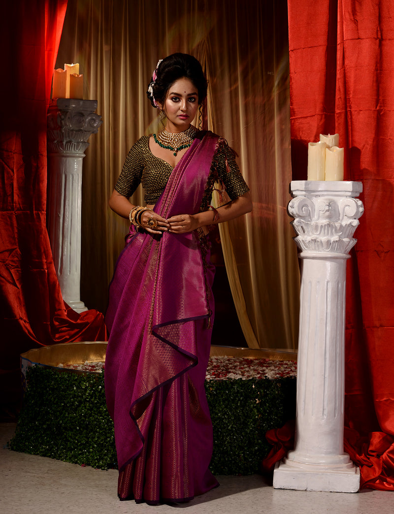 Purple With Copper Pattu Silk Saree with All Over Beautiful Floral Jacquard Weave Design