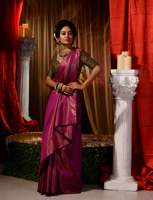 Purple With Copper Pattu Silk Saree with All Over Beautiful Floral Jacquard Weave Design