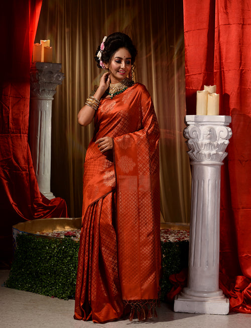 Orange with Copper Pattu Silk Saree with All Over Beautiful Floral Jacquard Weave Design