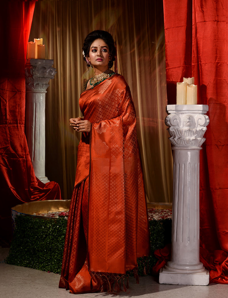 Vermillion Orange & Green Bridal Elegance Kanchipuram Handwoven Silk S –  Capell Haute Couture