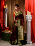 Maroon With Bottle Green Satin Silk Saree With All Over Floral Jacquard Weave and Stone Work Embellished