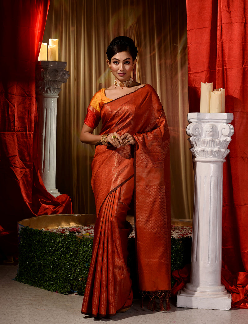 Orange With Copper Pattu Silk Saree with All Over Beautiful Floral Jacquard Weave Design