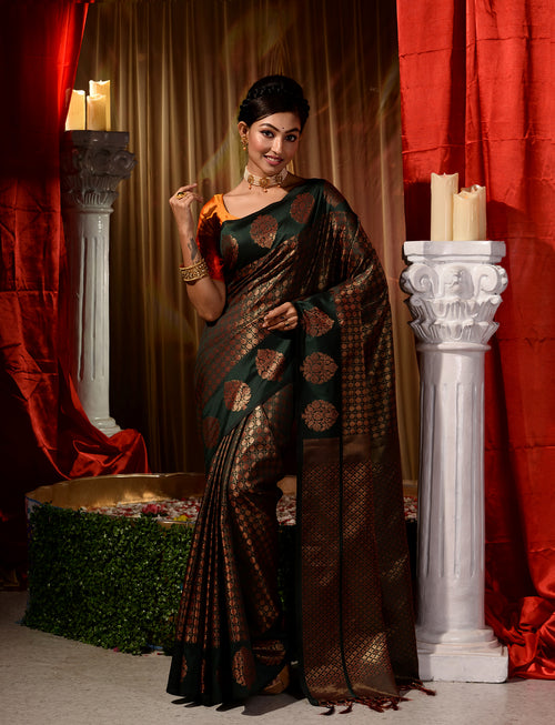 Kai Green With Copper Pattu Silk Saree with All Over Beautiful Floral Jacquard Weave Design
