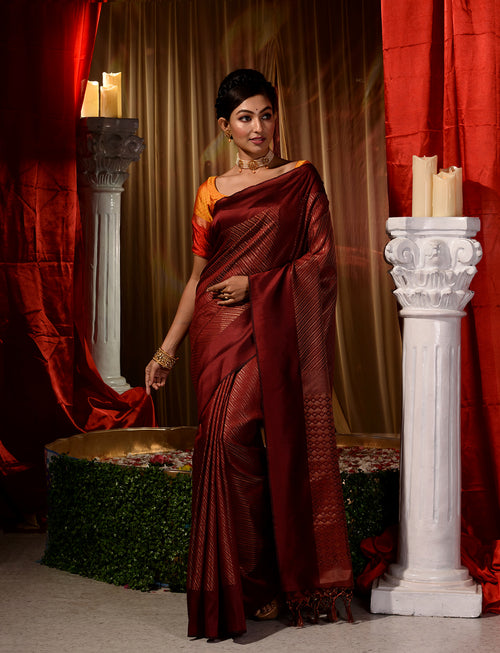 Maroon with Copper Pattu Silk Saree with All Over Beautiful Floral Jacquard Weave Design