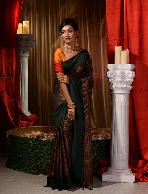 Black with Copper Pattu Silk Saree with All Over Beautiful Floral Jacquard Weave Design