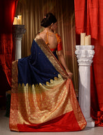 Navy Blue With Red Satin Silk Saree With All Over Floral Jacquard Weave and Stone Work Embellished