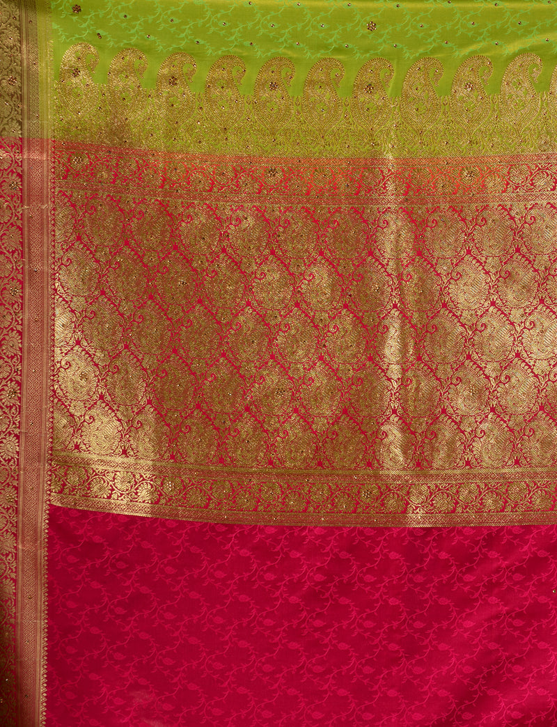 Lemon Green With Rani Satin Silk Saree With All Over Floral Jacquard Weave and Stone Work Embellished