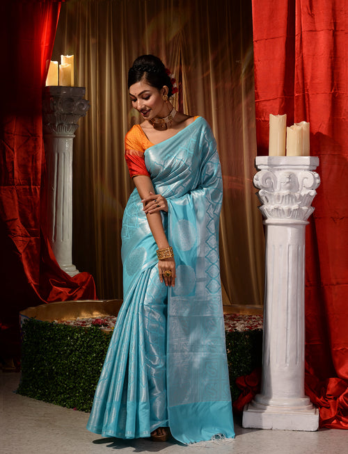 Sky Blue with Silver Pattu Silk Saree with All Over Beautiful Floral Jacquard Weave Design