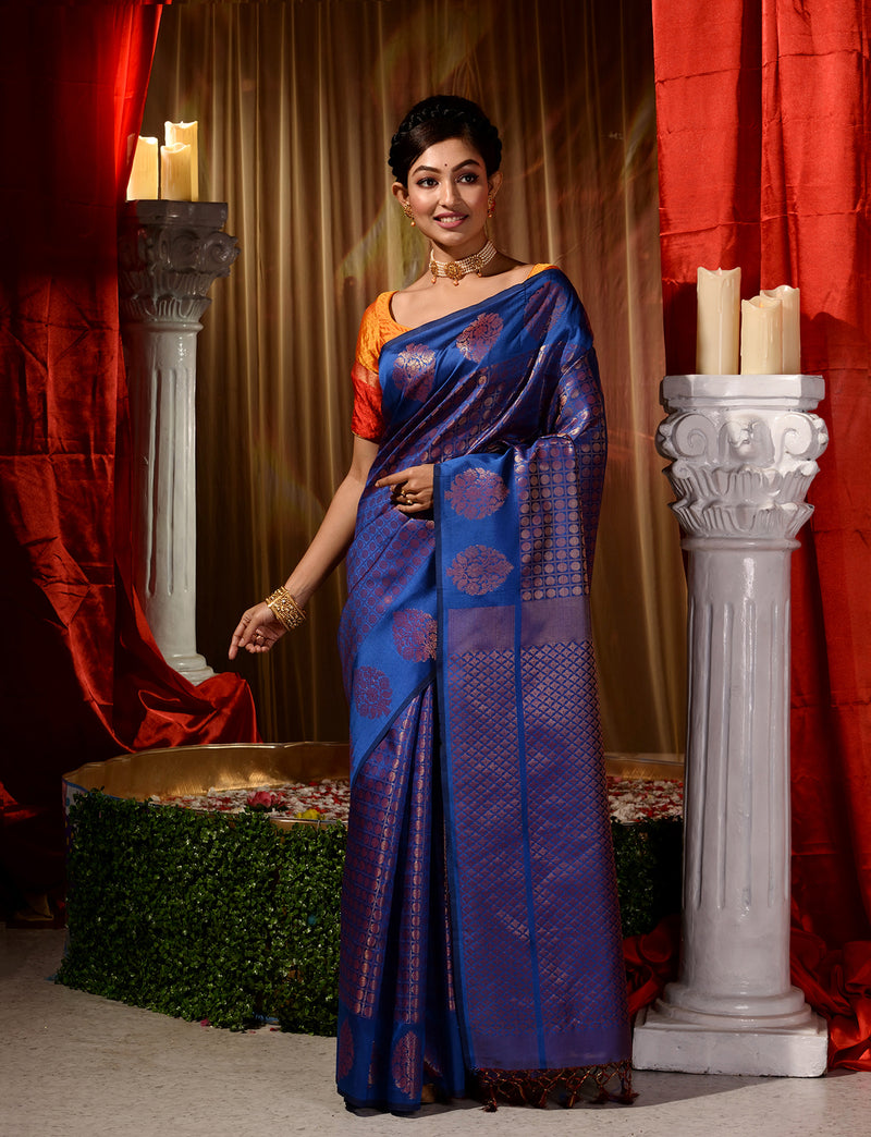 Blue with Copper  Pattu Silk Saree with All Over Beautiful Floral Jacquard Weave Design