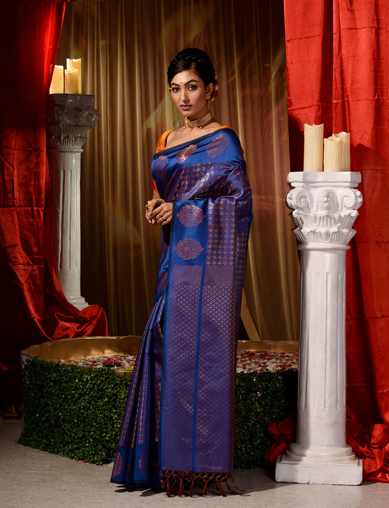 Blue with Copper  Pattu Silk Saree with All Over Beautiful Floral Jacquard Weave Design