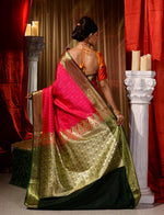 Pink With Green Satin Silk Saree With All Over Floral Jacquard Weave and Stone Work Embellished
