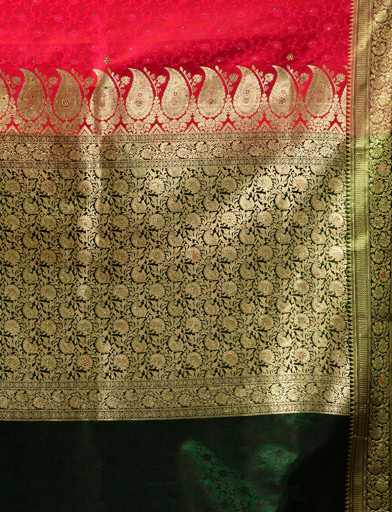 Pink With Green Satin Silk Saree With All Over Floral Jacquard Weave and Stone Work Embellished