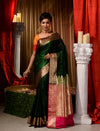 Bottle Green with Maroon Satin Silk Saree With All Over Floral Jacquard Weave and Stone Work Embellished