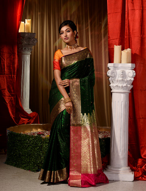 Bottle Green with Maroon Satin Silk Saree With All Over Floral Jacquard Weave and Stone Work Embellished